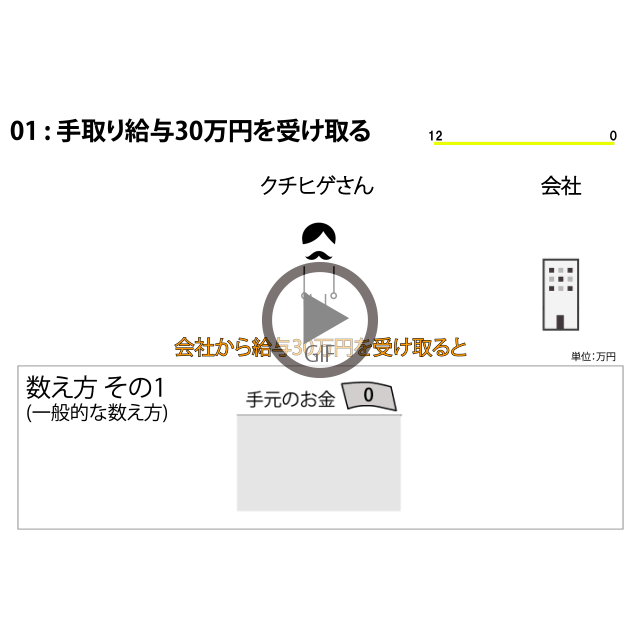 複式簿記と単式簿記と一般的な数え方をアニメーションで説明しています